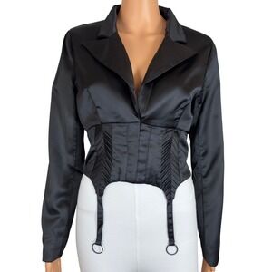 Naked Wardrobe The Statement Black Satin Corset Garter Jacket Small NWSP20-J6